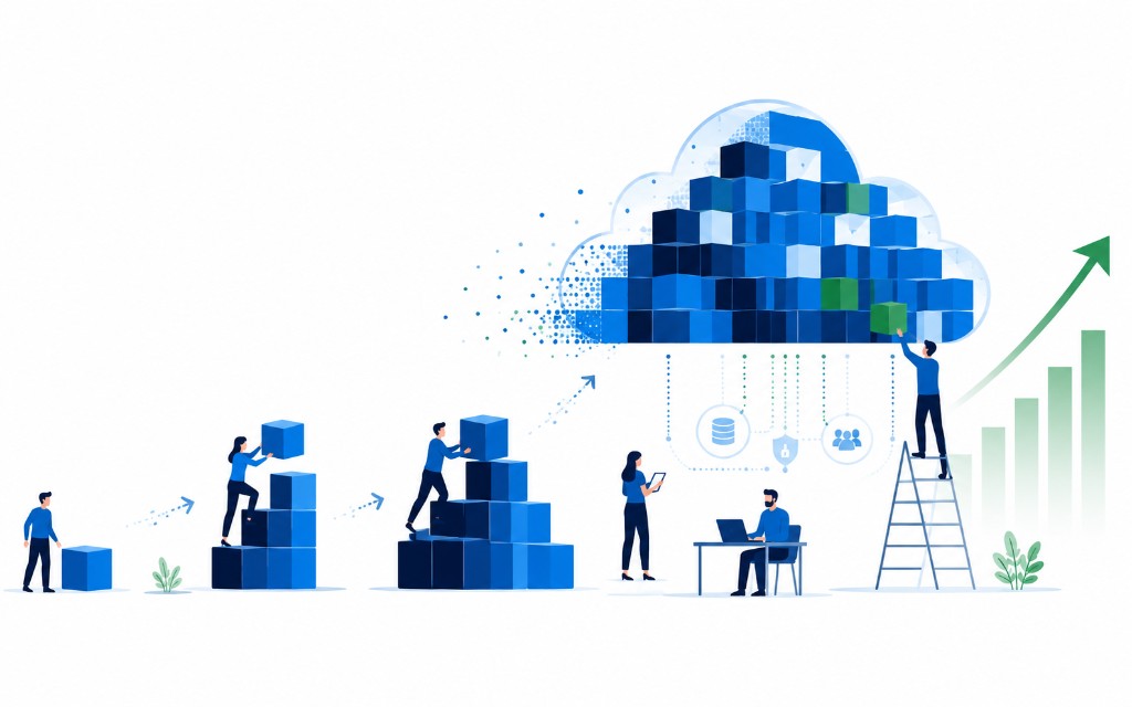 Team building cloud technology together — collaboration, growth and innovation