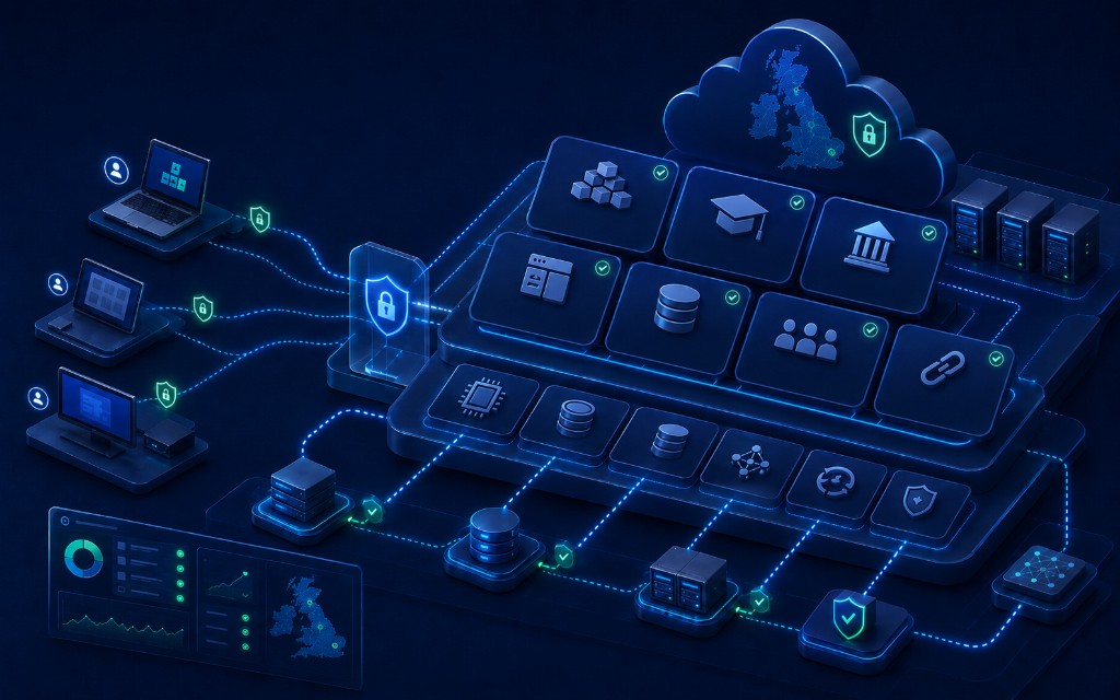 UK enterprise application hosting visual showing sovereign cloud infrastructure, ERP, student records, council platforms and secure application delivery