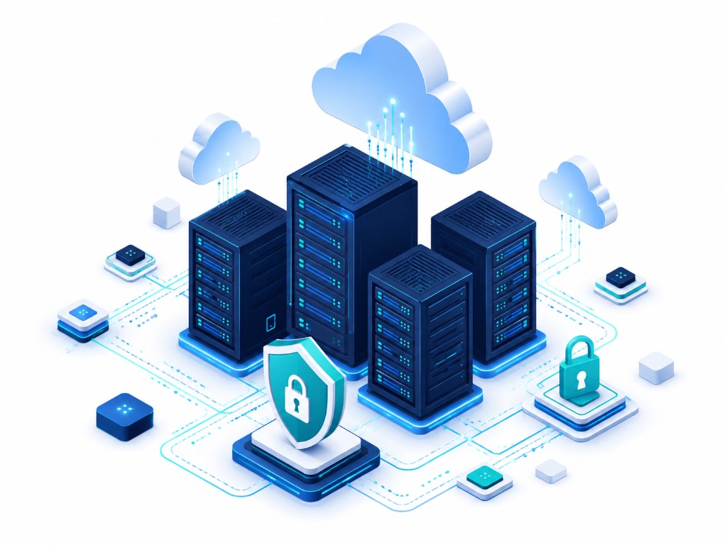 Isometric cloud hosting infrastructure with secure server racks and data pathways