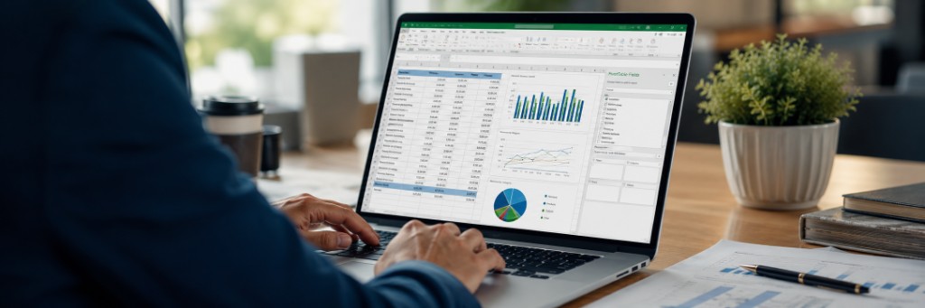 Finance professional working with Excel pivot tables, charts and data analysis on a laptop