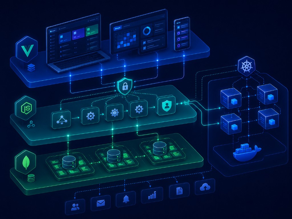 QuickStudy platform architecture showing Vue 3 frontend, Node.js API, MongoDB database and Kubernetes deployment