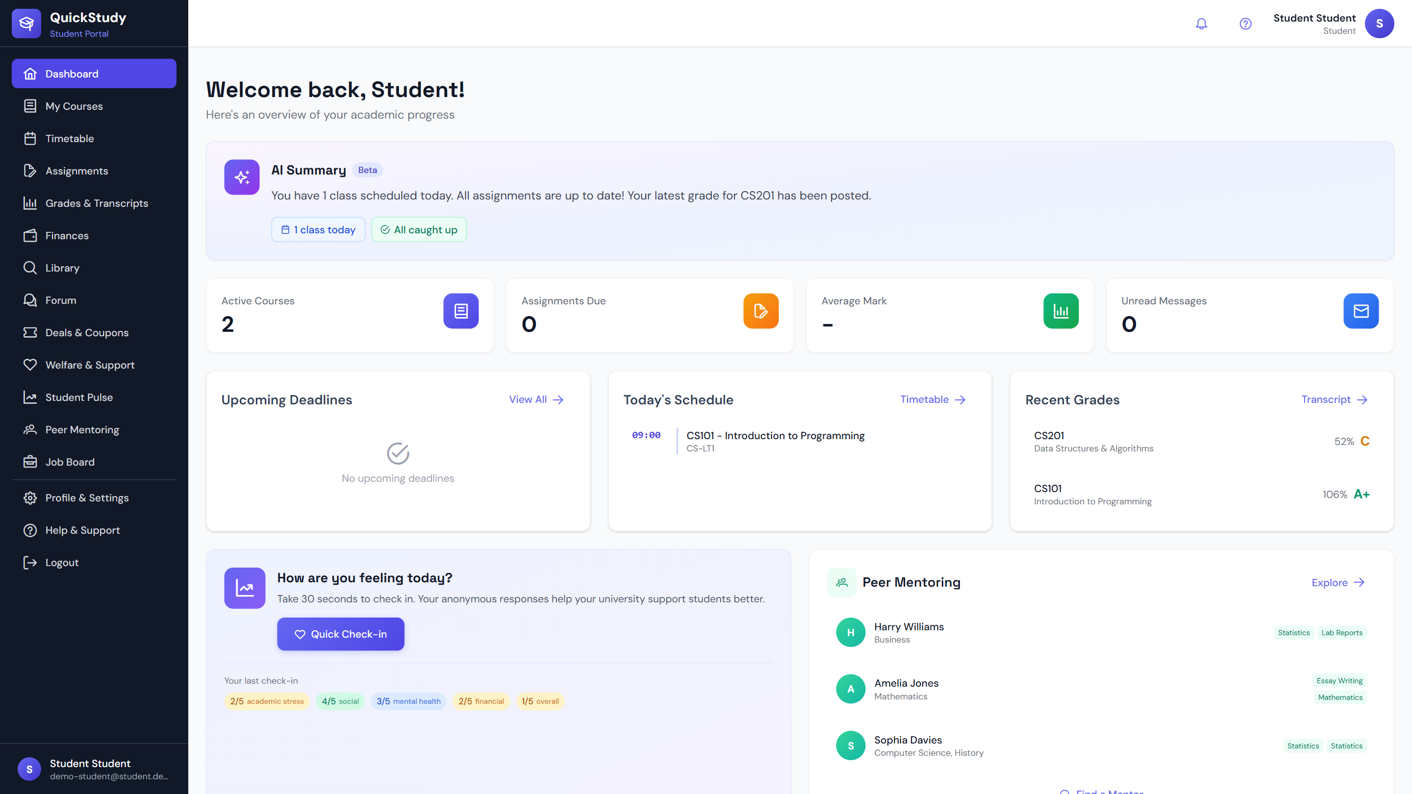 QuickStudy student dashboard showing AI summary, courses, assignments, schedule, grades and wellbeing check-in