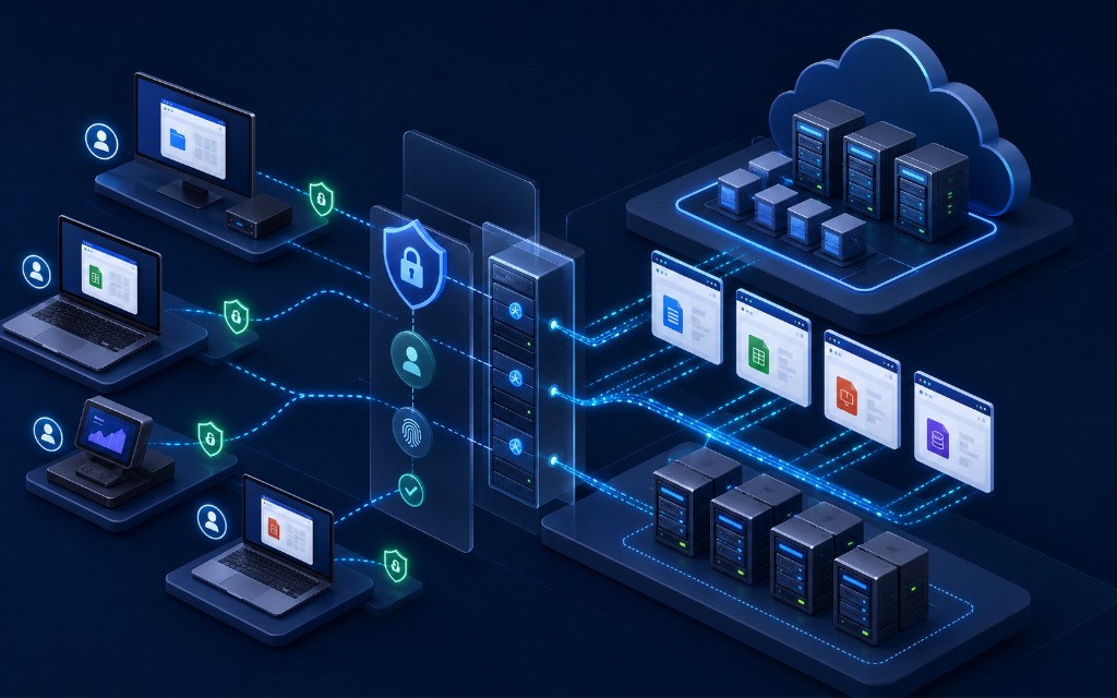 Managed Citrix and RDS access visual showing secure user sessions, published applications and session host infrastructure
