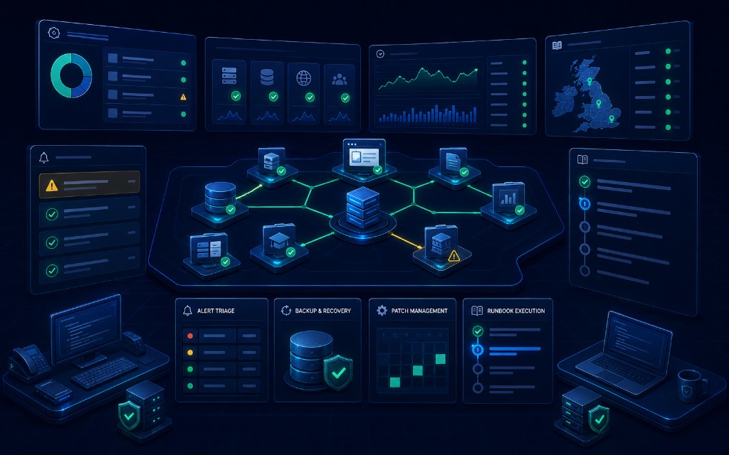 Managed services monitoring visual showing alert triage, dependency mapping, backup verification, patch windows and runbook operations