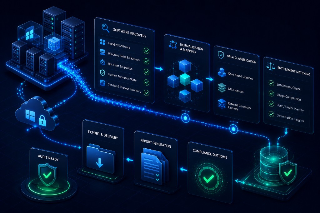 Audit readiness pipeline from software discovery through normalisation, SPLA classification, entitlement matching to compliance outcome and export