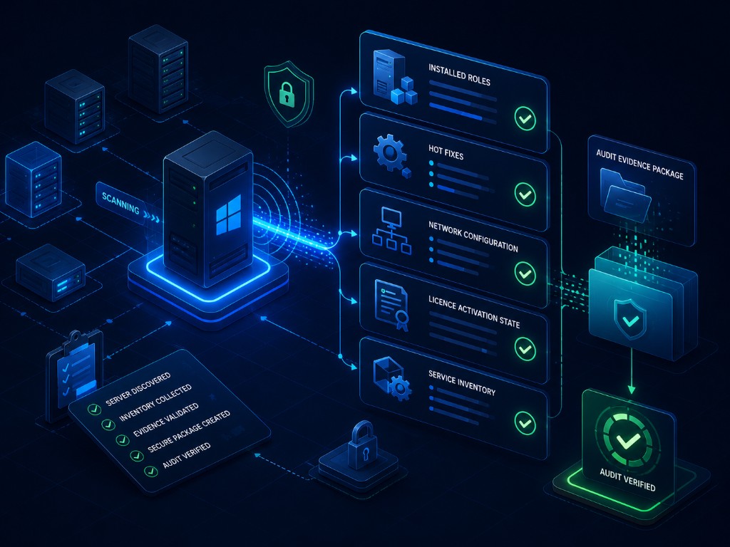 Device audit evidence collection showing server scanning, installed roles, hot fixes, licence activation and evidence packaging