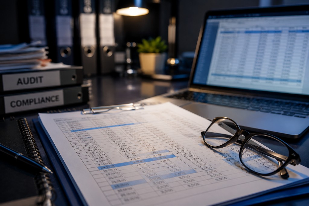 Financial audit workspace with compliance binders, spreadsheets and laptop